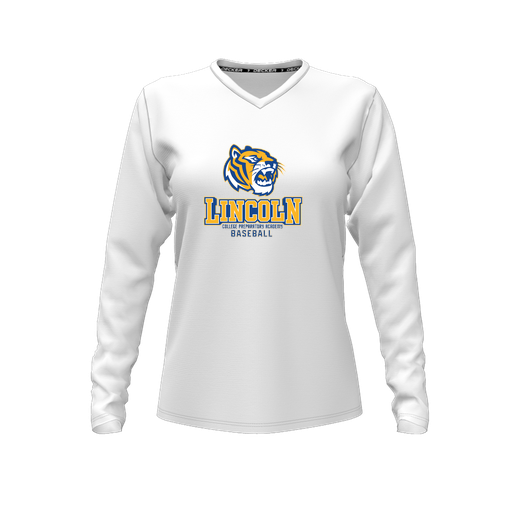 [CUS-DFW-TEES-CMF-VNK-LSL-WHT-FYXS-LOGO1] Decker Comfort T-Shirt (Female Youth XS, White, V Neck, Logo 1, Long Sleeve)
