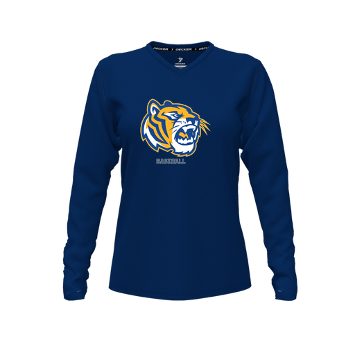 [CUS-DFW-TEES-CMF-VNK-LSL-NVY-FYXS-LOGO2] Decker Comfort T-Shirt (Female Youth XS, Navy, V Neck, Logo 2, Long Sleeve)