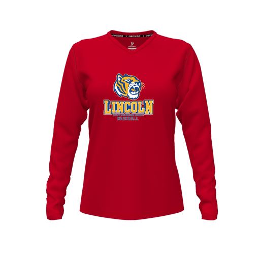 [CUS-DFW-TEES-CMF-VNK-LSL-RED-FYXS-LOGO1] Decker Comfort T-Shirt (Female Youth XS, Red, V Neck, Logo 1, Long Sleeve)