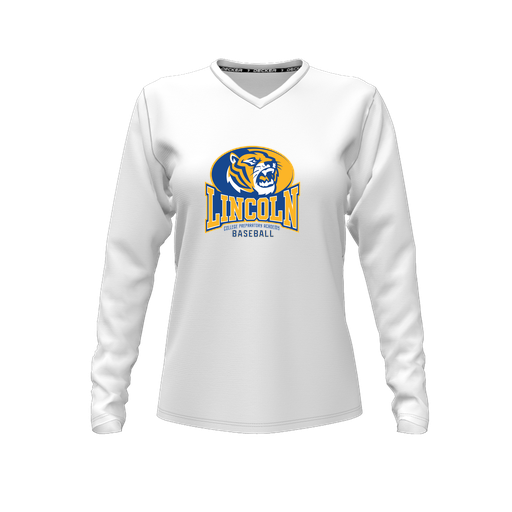 [CUS-DFW-TEES-PER-VNK-LSL-WHT-FYXS-LOGO3] Decker Performance T-Shirt (Female Youth XS, White, V Neck, Logo 3, Long Sleeve)