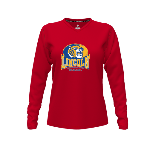 [CUS-DFW-TEES-PER-VNK-LSL-RED-FYXS-LOGO3] Decker Performance T-Shirt (Female Youth XS, Red, V Neck, Logo 3, Long Sleeve)